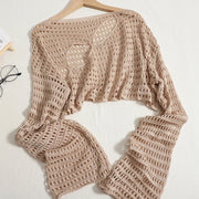 Women Sexy Hollow Out Knitting Tops O-Neck Chic Long Sleeved Knit Shirt Casual Beach Slim Shirt For Women 2025 Spring Summer