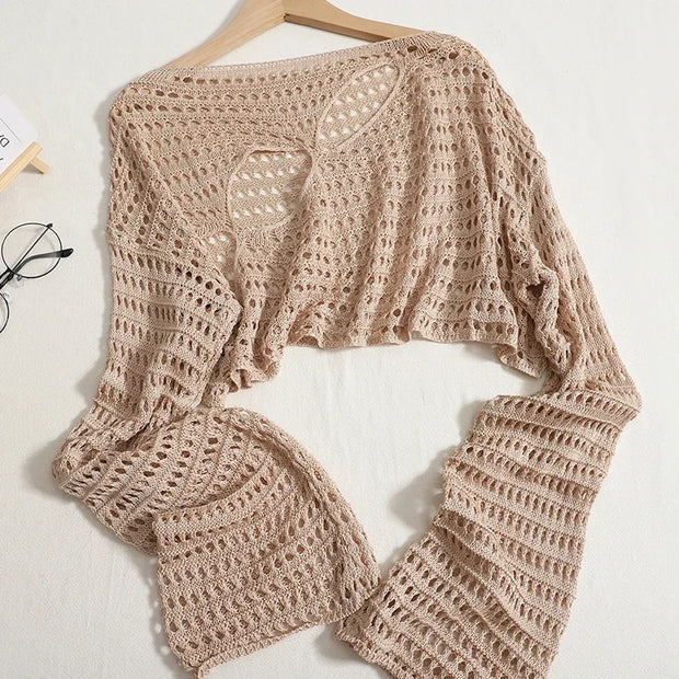 Women Sexy Hollow Out Knitting Tops O-Neck Chic Long Sleeved Knit Shirt Casual Beach Slim Shirt For Women 2025 Spring Summer