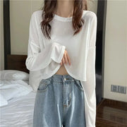 Long Sleeve Thin Crop Top Summer Knitted Ice Silk Sunscreen Blouse Women's Fashion Loose White Tops Korean Expose Navel Y2k Tee