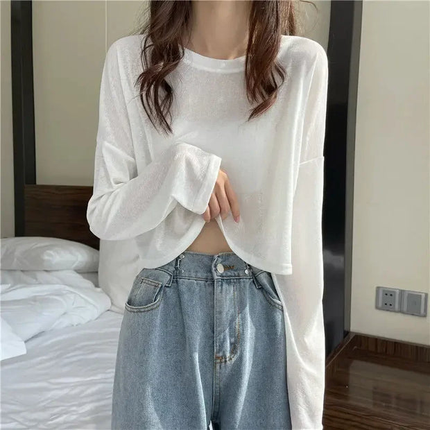 Long Sleeve Thin Crop Top Summer Knitted Ice Silk Sunscreen Blouse Women's Fashion Loose White Tops Korean Expose Navel Y2k Tee