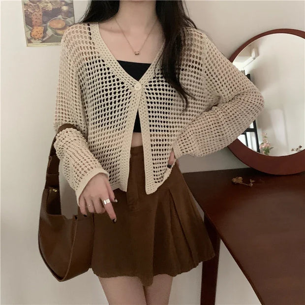 Women Solid Casual Loose Beach Tops Sexy Hollow Out Knit Shirt V-Neck Long Sleeved Cardigan T-shirt Women Spring Summer