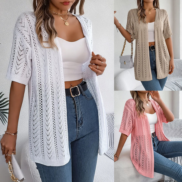 Ins Style 2025 Summer Hollow Out Short Sleeve Knit Cardigan Vacation Sunscreen Shirt for Women Lightweight Beachwear Top