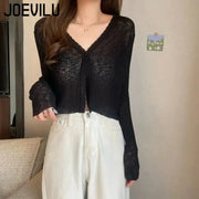 JOEVILU Thin Sunscreen Shirt Women's Summer Outerwear Crop Tops Hollow Out White Long-sleeved Cardigan Elegant Casual Shawl Coat