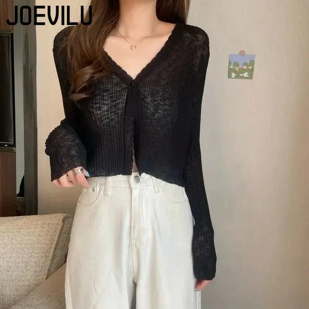 JOEVILU Thin Sunscreen Shirt Women's Summer Outerwear Crop Tops Hollow Out White Long-sleeved Cardigan Elegant Casual Shawl Coat