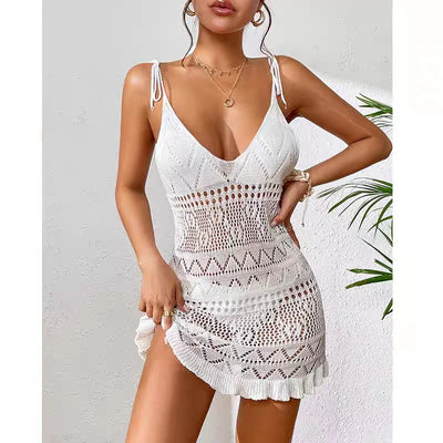 Abrini Women Spaghetti Lace-up Sexy Dress Sleeveless Solid Dress Summer Vacation Knit Bikini Cover Up Backless Beach Dress