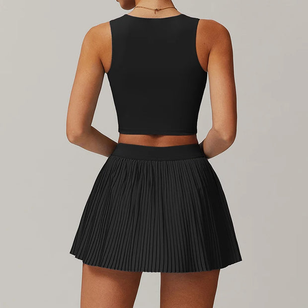 VITALINOVO Tennis Dress for Women 2 Pieces High Waisted Pleated Skirt Sets Racerback Padded Workout Crop Tank Tops Golf Workout