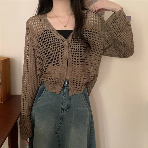 Women Solid Casual Loose Beach Tops Sexy Hollow Out Knit Shirt V-Neck Long Sleeved Cardigan T-shirt Women Spring Summer
