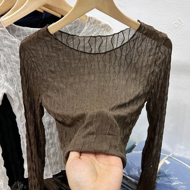 Mesh Mask T-shirt Women Autumn Thin Korean Design Chic Top Mature Versatile Collarbone Base Coat