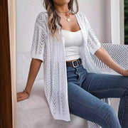 Ins Style 2025 Summer Hollow Out Short Sleeve Knit Cardigan Vacation Sunscreen Shirt for Women Lightweight Beachwear Top