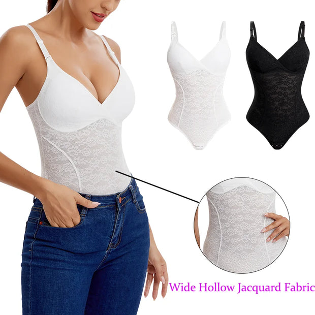 V-Neck Lace Thong Bodysuit Women Sexy Shapewear Top Tummy Control Waist Trainer Body Shaper Removable Chest Pad Slimming Corset