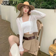 JOEVILU Thin Sunscreen Shirt Women's Summer Outerwear Crop Tops Hollow Out White Long-sleeved Cardigan Elegant Casual Shawl Coat