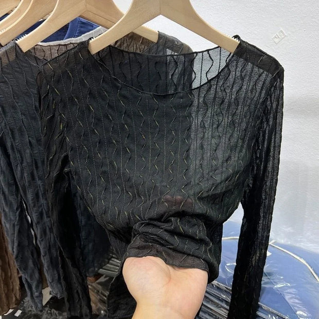 Mesh Mask T-shirt Women Autumn Thin Korean Design Chic Top Mature Versatile Collarbone Base Coat