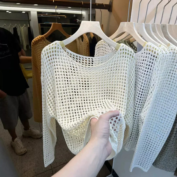 Women's Long Sleeve Hollow out Knitted Mesh Shirt Thin Eyelet Sunshade Cover up Autumn New Style Mesh Outerwear Top