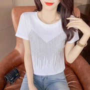 Diamond Short Sleeve T Shirt Female Slim Fit Fake Two Shiny Round Neck Top Summer Casual Aesthetic Y2k Tee Korean Kawaii Clothes