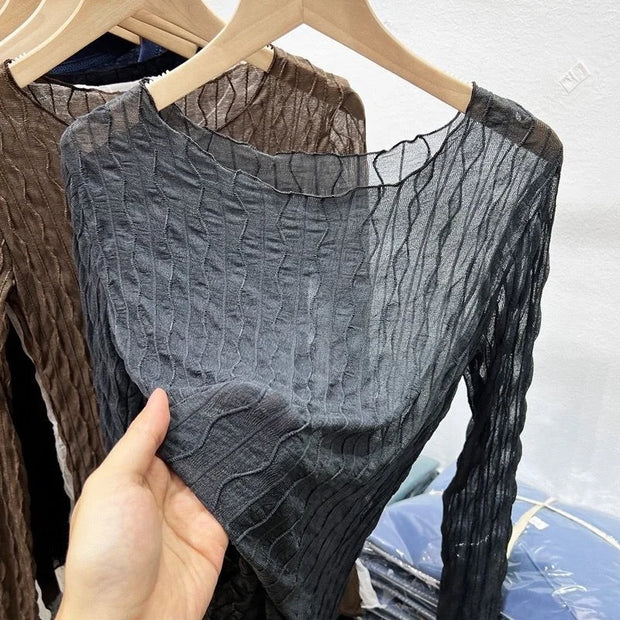 Mesh Mask T-shirt Women Autumn Thin Korean Design Chic Top Mature Versatile Collarbone Base Coat