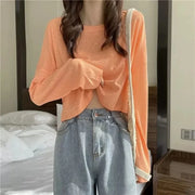 Long Sleeve Thin Crop Top Summer Knitted Ice Silk Sunscreen Blouse Women's Fashion Loose White Tops Korean Expose Navel Y2k Tee