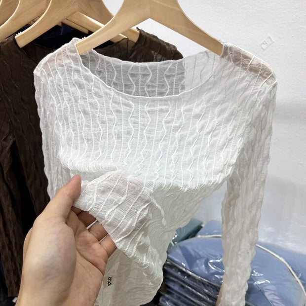 Mesh Mask T-shirt Women Autumn Thin Korean Design Chic Top Mature Versatile Collarbone Base Coat