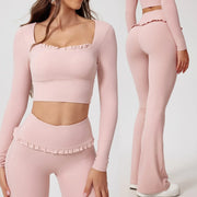 Women Shirts Long Sleeve for Yoga Crop Top Square Neck Workout Clothing with Chest Pads Fitness T Shirts Sportswear