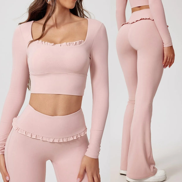 Women Shirts Long Sleeve for Yoga Crop Top Square Neck Workout Clothing with Chest Pads Fitness T Shirts Sportswear