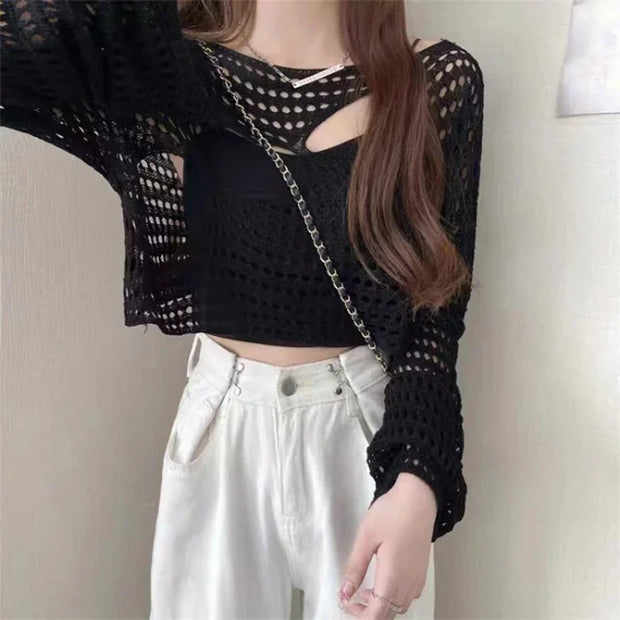 Women Sexy Hollow Out Knitting Tops O-Neck Chic Long Sleeved Knit Shirt Casual Beach Slim Shirt For Women 2025 Spring Summer