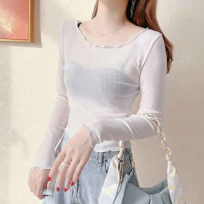2024 Women's New Lace Top with Mesh Skirt and Wooden Ear Edge, Fashionable Round Neckline Camisole