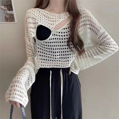 Women Sexy Hollow Out Knitting Tops O-Neck Chic Long Sleeved Knit Shirt Casual Beach Slim Shirt For Women 2025 Spring Summer