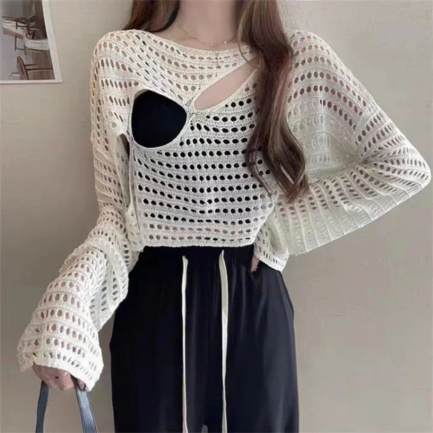 Women Sexy Hollow Out Knitting Tops O-Neck Chic Long Sleeved Knit Shirt Casual Beach Slim Shirt For Women 2025 Spring Summer