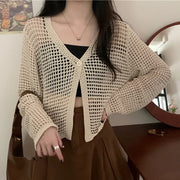 Women Solid Casual Loose Beach Tops Sexy Hollow Out Knit Shirt V-Neck Long Sleeved Cardigan T-shirt Women Spring Summer
