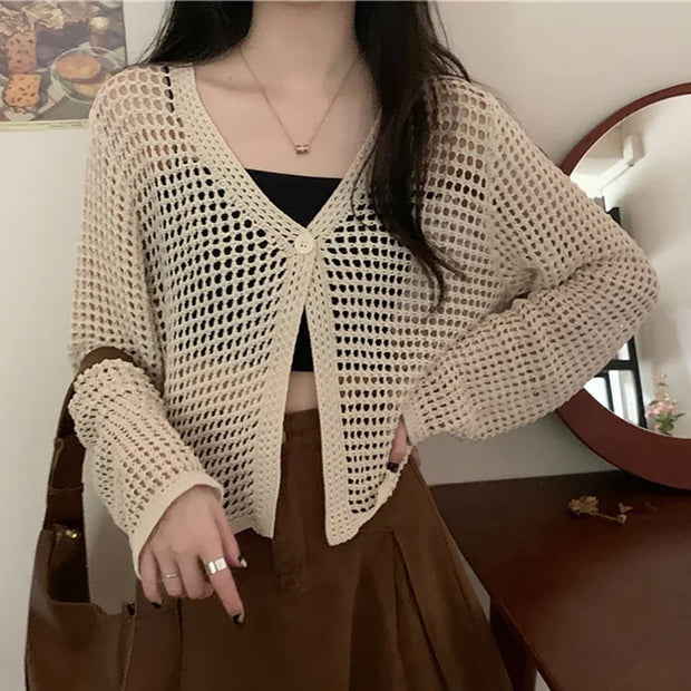 Women Solid Casual Loose Beach Tops Sexy Hollow Out Knit Shirt V-Neck Long Sleeved Cardigan T-shirt Women Spring Summer