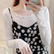 Transparent Ice Gauze Bottom Shirt Women Summer Irregular Purple Long Sleeve T-shirt Sunscreen Lace Top