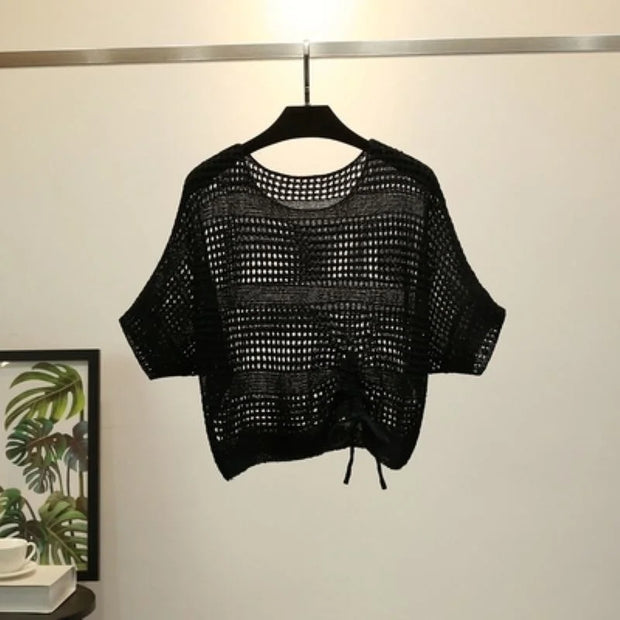 Women's Hollow Out Blouse with Bat Sleeve Drawstring Top, Summer Ice Shawl, Sunscreen Blouse, New, 2024