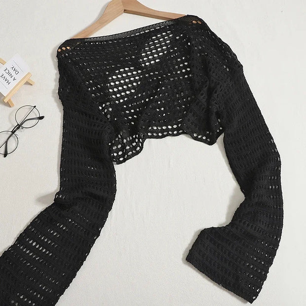 Women Sexy Hollow Out Knitting Tops O-Neck Chic Long Sleeved Knit Shirt Casual Beach Slim Shirt For Women 2025 Spring Summer