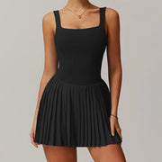 VITALINOVO Workout Tennis Dress with Built in Shorts Square Neck Padded Workout Dress with Pockets Golf Athletic Mini Dresses