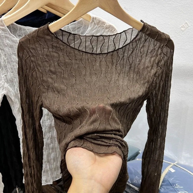 Mesh Mask T-shirt Women Autumn Thin Korean Design Chic Top Mature Versatile Collarbone Base Coat