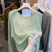 Women's Long Sleeve Hollow out Knitted Mesh Shirt Thin Eyelet Sunshade Cover up Autumn New Style Mesh Outerwear Top