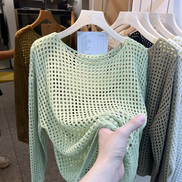 Women's Long Sleeve Hollow out Knitted Mesh Shirt Thin Eyelet Sunshade Cover up Autumn New Style Mesh Outerwear Top