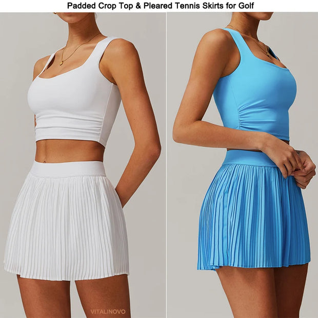 VITALINOVO Tennis Dress for Women 2 Pieces High Waisted Pleated Skirt Sets Racerback Padded Workout Crop Tank Tops Golf Workout