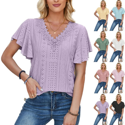 2025 Spring Summer New Women’s Lace V Neck Ruffle Sleeve Solid Color Loose T Shirt Top