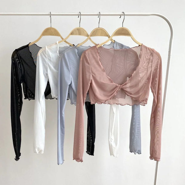 Pure Fairy Wind Wood Ear Mesh Mask Shirt Twisted Cross Perspective Sunscreen Short Air Conditioner Lazy Coat