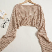 Women Sexy Hollow Out Knitting Tops O-Neck Chic Long Sleeved Knit Shirt Casual Beach Slim Shirt For Women 2025 Spring Summer