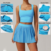 VITALINOVO Tennis Dress for Women 2 Pieces High Waisted Pleated Skirt Sets Racerback Padded Workout Crop Tank Tops Golf Workout