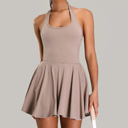 Summer Sleeveless Slim Fit Tennis Dresses Women Sexy Hollow Backless Golf Sports 2-in-1 Dress Outdoor Running Fitness Skirt