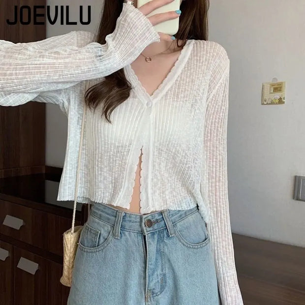 JOEVILU Thin Sunscreen Shirt Women's Summer Outerwear Crop Tops Hollow Out White Long-sleeved Cardigan Elegant Casual Shawl Coat