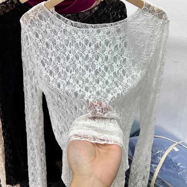 Sexy and slightly transparent black lace shirt women long sleeved 2024 Spring and Autumn New slim fit inner layer with mesh