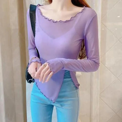 Transparent Ice Gauze Bottom Shirt Women Summer Irregular Purple Long Sleeve T-shirt Sunscreen Lace Top