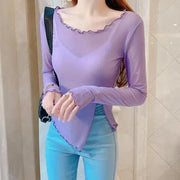 Transparent Ice Gauze Bottom Shirt Women Summer Irregular Purple Long Sleeve T-shirt Sunscreen Lace Top