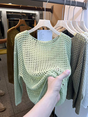 Women's Long Sleeve Hollow out Knitted Mesh Shirt Thin Eyelet Sunshade Cover up Autumn New Style Mesh Outerwear Top
