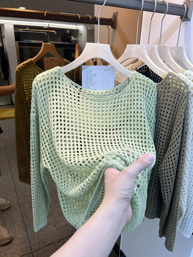 Women's Long Sleeve Hollow out Knitted Mesh Shirt Thin Eyelet Sunshade Cover up Autumn New Style Mesh Outerwear Top