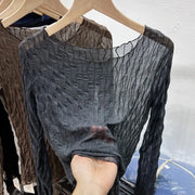 Mesh Mask T-shirt Women Autumn Thin Korean Design Chic Top Mature Versatile Collarbone Base Coat