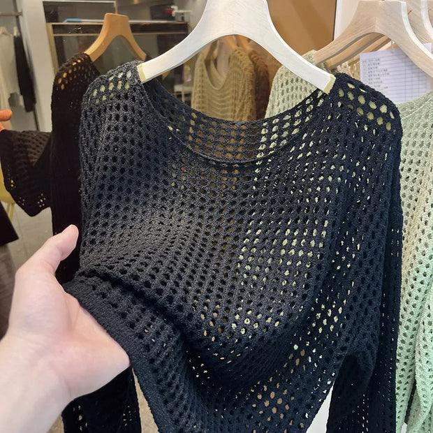 Women's Long Sleeve Hollow out Knitted Mesh Shirt Thin Eyelet Sunshade Cover up Autumn New Style Mesh Outerwear Top
